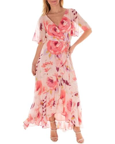Taylor Dresses Floral Flutter Sleeve Faux Wrap Maxi Dress - Pink