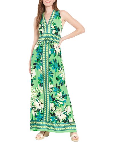 London Times Floral V-neck Sleeveless Maxi Dress - Green