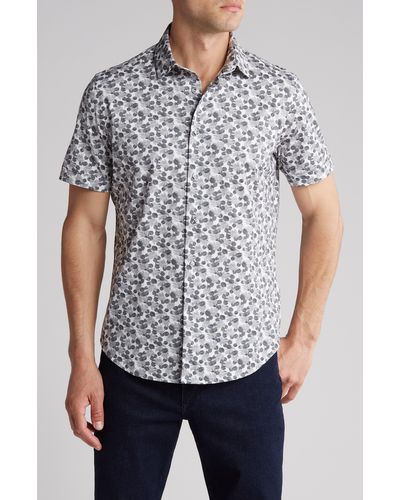 Bugatchi Geo Print Ooohcotton® Short Sleeve Button-up Shirt - Gray