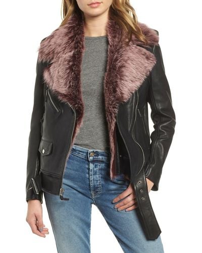 7 For All Mankind Leather Moto Jacket With Removable Shearling Fur - Black