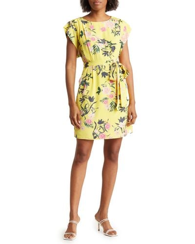 Eliza J Floral Cap Sleeve A-line Dress - Yellow