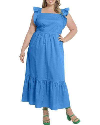 London Times Ruffle Cap Sleeve Maxi Dress - Blue