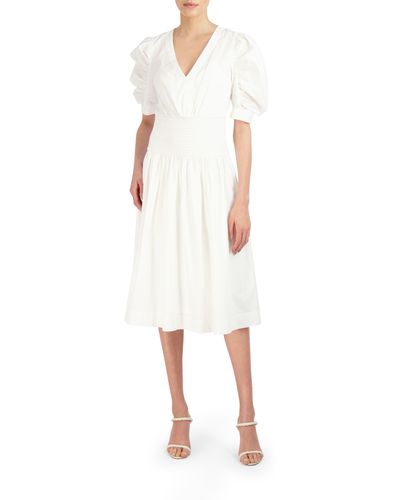 BCBGMAXAZRIA Smock Waist Stretch Cotton Midi Dress - White