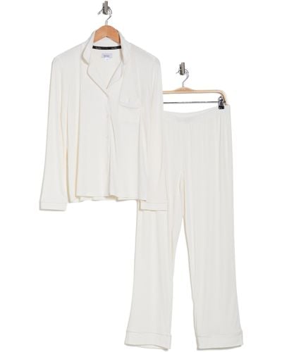 Nicole Miller Long Sleeve Button-up Top & Pants Pajamas - White