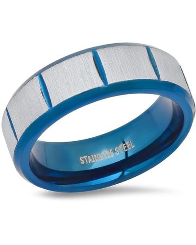 HMY Jewelry Two-tone Blue Ion Plated Stainless Steel Brushed Band Ring