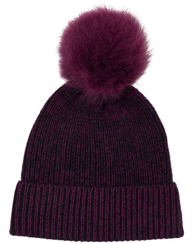 Amicale Two-tone Rib Knit Beanie With Genuine Shearling Pom - Purple