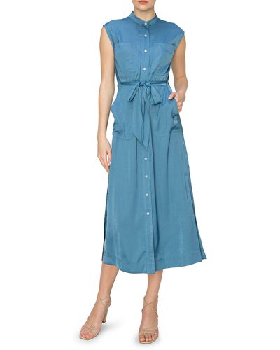 MELLODAY Sleeveless Button Front Satin Shirtdress - Blue