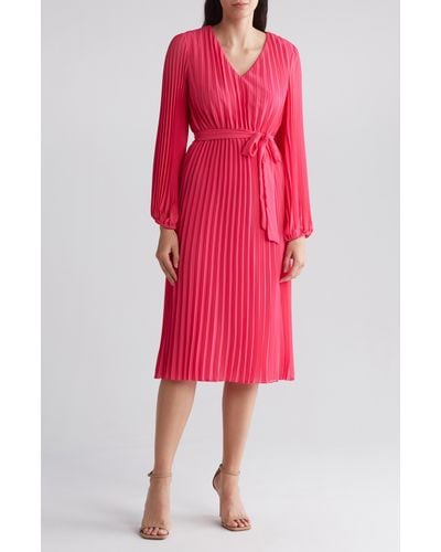 Sam Edelman Long Sleeve Plissé Dress - Red