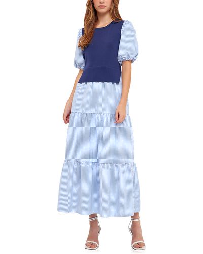 English Factory Stripe Mixed Media Maxi Dress - Blue