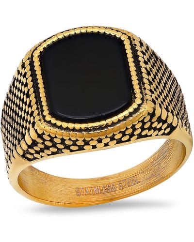 HMY Jewelry 18k Gold Plated Stainless Steel Enamel Milgrain Signet Ring - Black