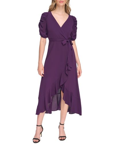 Kensie Pebble Puff Sleeve Crepe Faux Wrap Dress - Purple