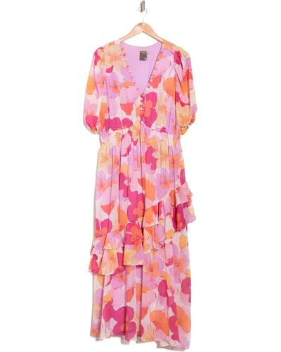 Taylor Dresses V-neck Elbow-length Sleeve Floral Print Button Front Maxi Dress In Lilac Fuchsia At Nordstrom Rack - Purple