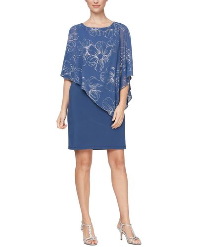 Sl Fashions Foil Floral Print Asymmetrical Overlay Cocktail Dress - Blue