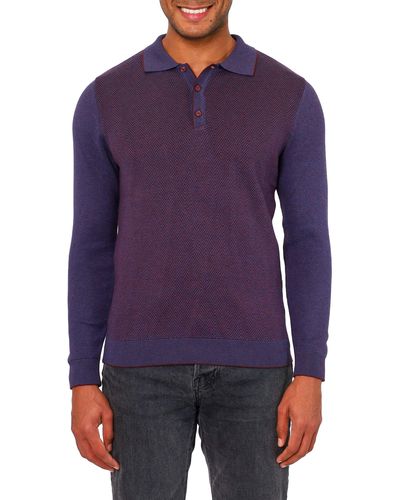 VELLAPAIS Mataro Herringbone Long Sleeve Polo - Purple