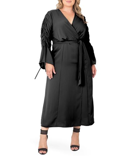 Standards & Practices Ruched Long Sleeve Wrap Maxi Dress - Black