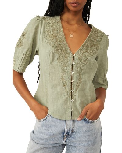 Free People Laurie Embroidered Blouse - Green