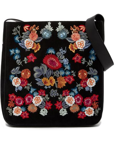 Lucky Brand Super Bloom Floral Embroidered Suede Shoulder Bag - Black