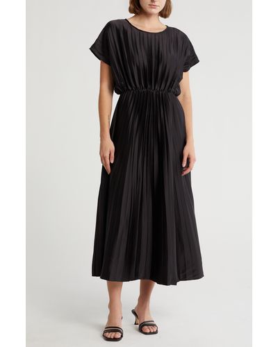 Lush Cap Sleeve Pleated Satin Midi Dress - Black
