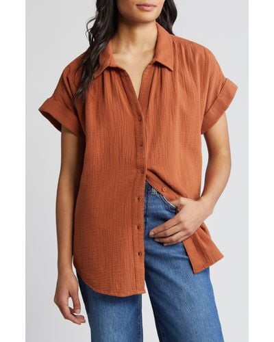 Caslon Short Sleeve Cotton Gauze Button-up Shirt - Orange