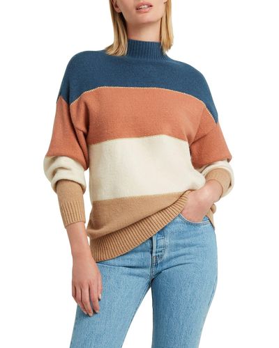 Halston Stripe Mock Neck Sweater In Denim Blue Combo At Nordstrom Rack