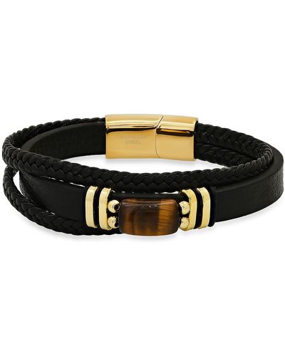 HMY Jewelry 18k Gold Plated Tiger's Eye Layered Leather Bracelet - Black