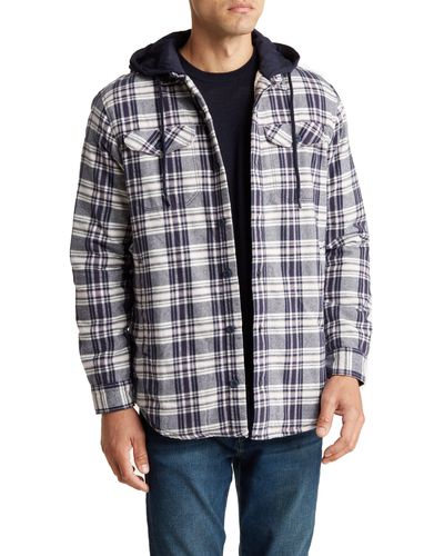 Rainforest Plaid Flannel Faux Shearling Lined Hooded Shirt Jacket - Blue