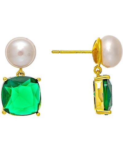 Rivka Friedman 18k Gold Plated Imitation Pearl & Crystal Drop Earrings - Green