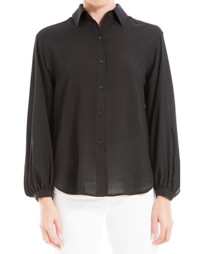 Max Studio Babygrid Texture Long Sleeve Button-down Blouse - Black
