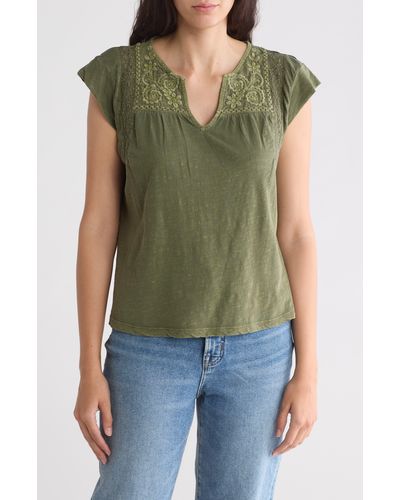 Lucky Brand Embroidered Yoke Cotton Top - Green