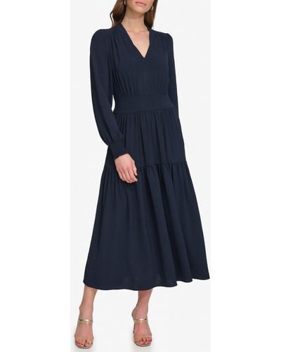 DKNY Tiered Long Sleeve Midi Dress - Blue