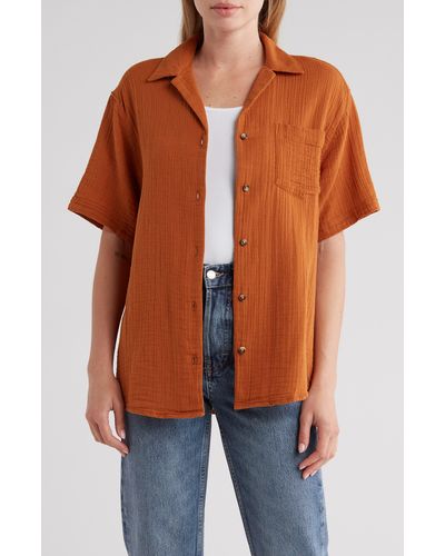 TOPSHOP Textured Cheesecloth Button-up Shirt - Orange