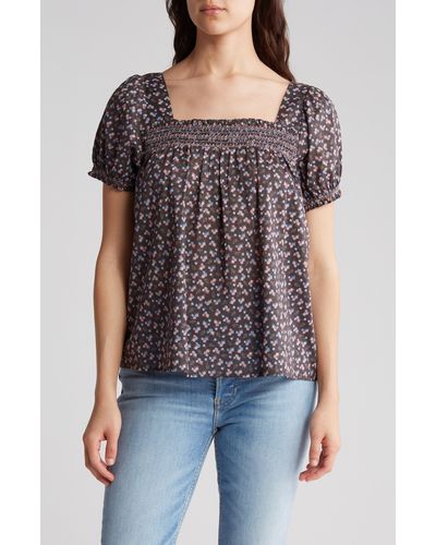 Lucky Brand Ditsy Floral Puff Sleeve Square Neck Top - Black