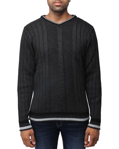 Xray Jeans Tipped V-neck Cable Knit Pullover Sweater - Black