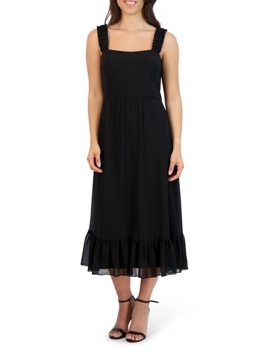 Sandra Darren Square Neck Ruffle Strap Chiffon Midi Dress - Black