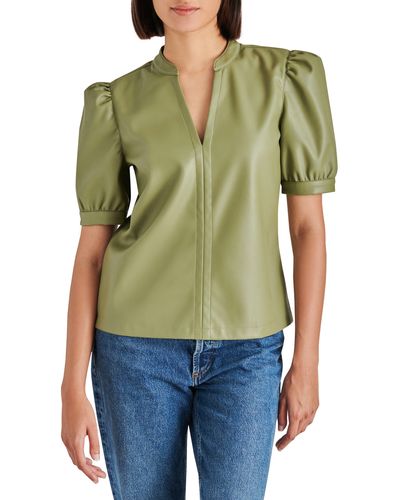 Steve Madden Jane Puff Sleeve Faux Leather Top - Green