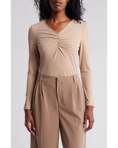 Adrianna Papell Ruched Long Sleeve Slinky Rib Top - Brown