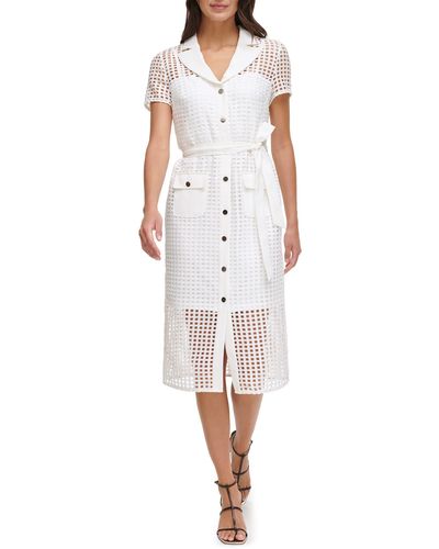 DKNY Grid Short Sleeve Shirtdress - White