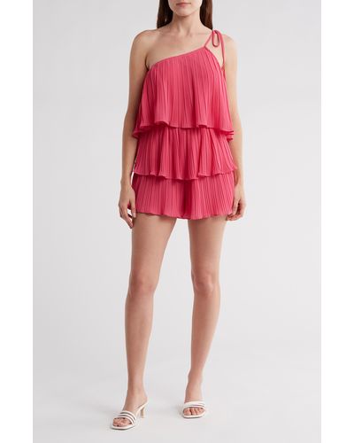 Lulus Blowing Kissed Pleated Ruffle One-shoulder Romper - Red