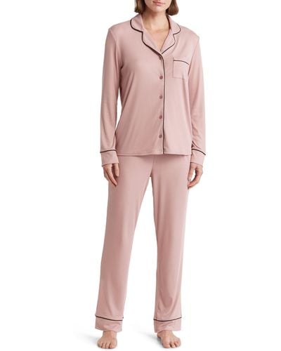 Nicole Miller Rib Long Sleeve Top & Pants Pipe Trim Pajamas - Pink
