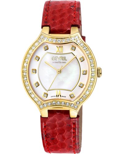 Gevril Lugano Diamond Croc Embossed Leather Strap Watch - Red
