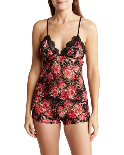In Bloom Floral Lace Camisole & Shorts Pajamas - Red