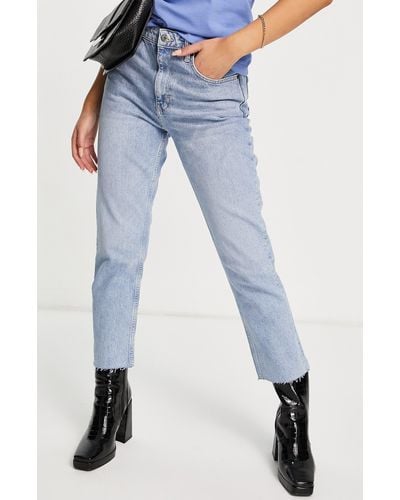 TOPSHOP Mid Rise Straight Jeans With Raw Hem - Blue