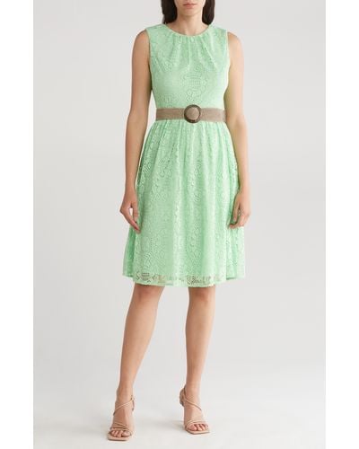 London Times Lace Sleeveless Belted Fit & Flare Dress - Green