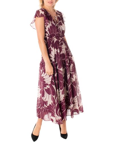Taylor Dresses Floral Chiffon Flutter Sleeve Tiered Midi Dress