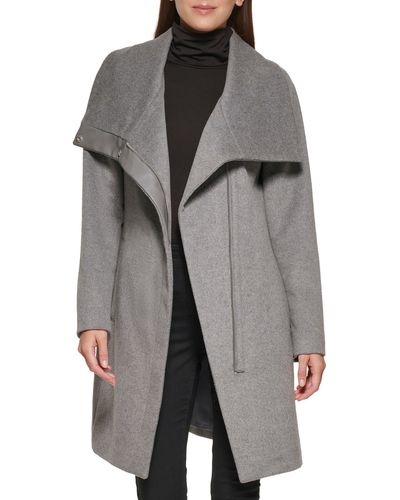 Kenneth Cole Melton Faux Leather Trim Wool Blend Coat - Gray