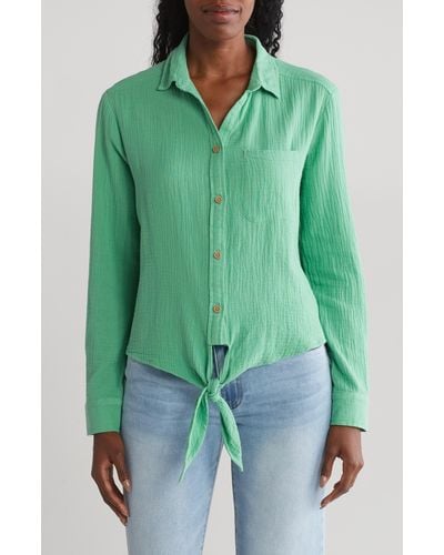 Beach Lunch Lounge Long Sleeve Tie Hem Cotton Gauze Button-up Shirt - Green