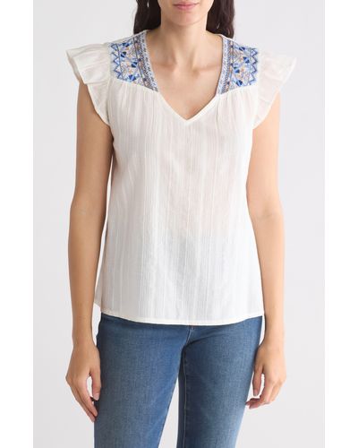 Lucky Brand Embroidered Flutter Sleeve Top - White