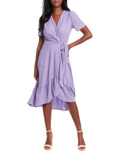 London Times Stretch Eyelet Short Sleeve Ruffle Wrap Dress - Purple