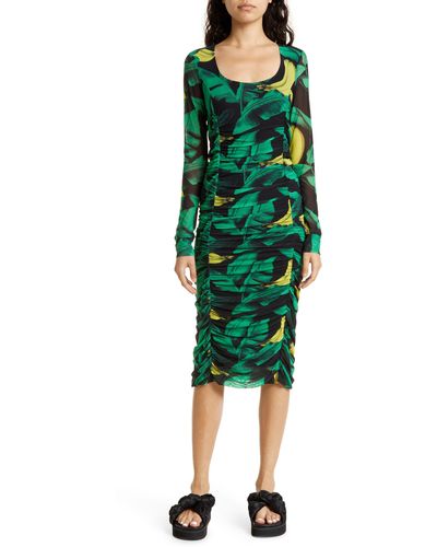 Ganni Ruched Scoop Neck Long Sleeve Stretch Recycled Polyamide Midi Dress - Green