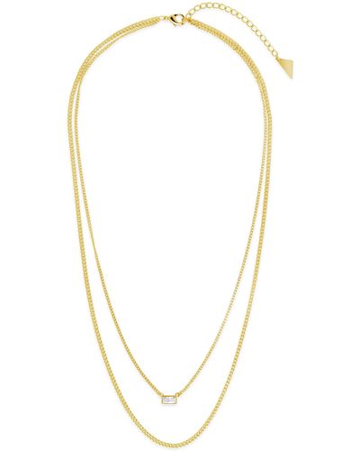 Sterling Forever 14k Yellow Gold Plated Cubic Zirconia Baguette And Herringbone Layered Chain Necklace At Nordstrom Rack - Metallic